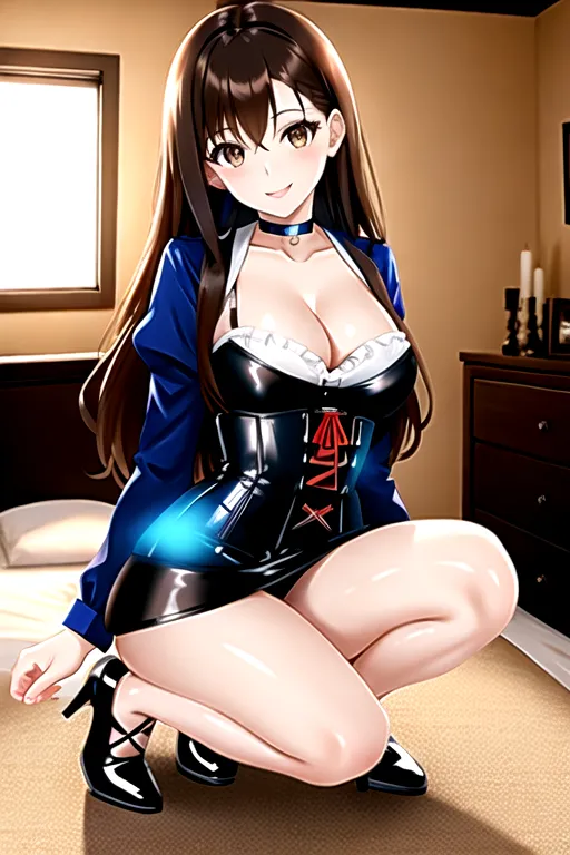 giant breasts, pale skin, brown hair, brown eyes, long hair, high heels, black choker, bright blue minidress, corset, in bedroom, pov, looking at viewer, smiling, petite, 1girl, cleavage, full body, slim body, log cabin