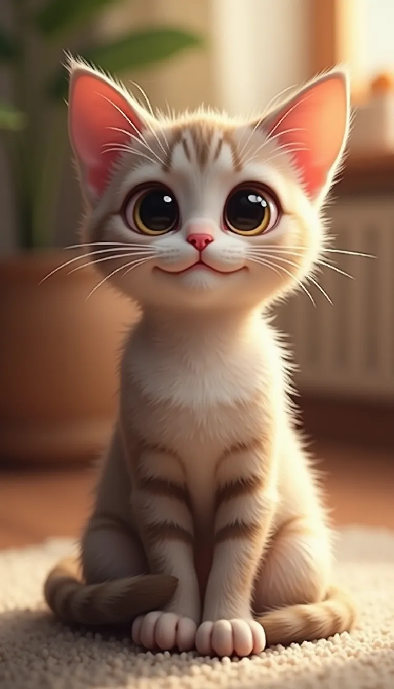 A cute cat sitting gracefully, with big expressive eyes and a fluffy tail curled around its paws. The background is softly blurred, featuring a cozy indoor setting with warm lighting. The cat has a playful expression, with its ears perked up and a slight tilt to its head. The fur is detailed, showing subtle variations in color and texture. The composition follows a 9:16 aspect ratio, perfect for a portrait-oriented image, with the cat centered to draw focus. The style is realistic with a touch of whimsy, enhancing the cat's adorable features.