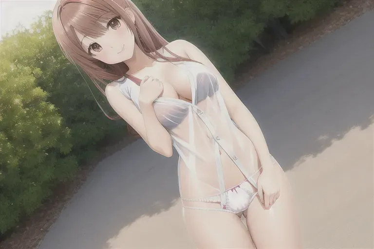 Cute anime girl in semi nude clothes, touching seductively,pubic hair,transparent clothes, pants pulled down, panties pulled down, smiling face, panties on knees,backyard