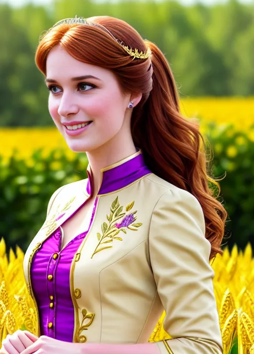 Exploring the wonders of the Harvest Festival, Adult beautiful joyful sweet Anna of Arendelle portrayed by Elizabeth Lail with a warm smile, very big soft sapphire eyes, her auburn hair in a low hanging bun in back and single braid on the front top with golden wheat stalk combs slid into the sides, dressed in a cream colored dress with gold and purple embroidery and a light tan jacket. Photorealistic.