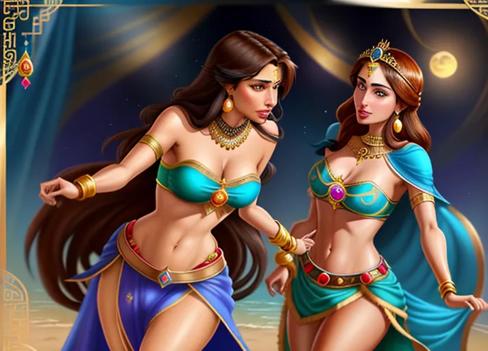 tan skinned black haired Arabic Princess Jasmine of Agrabah teaches her friend the beautiful Nordic auburn haired Queen Anna of Arendelle portrayed by Elizabeth Lail how to belly dance. photorealistic. <lora:dpmg_snake_coiling:1>