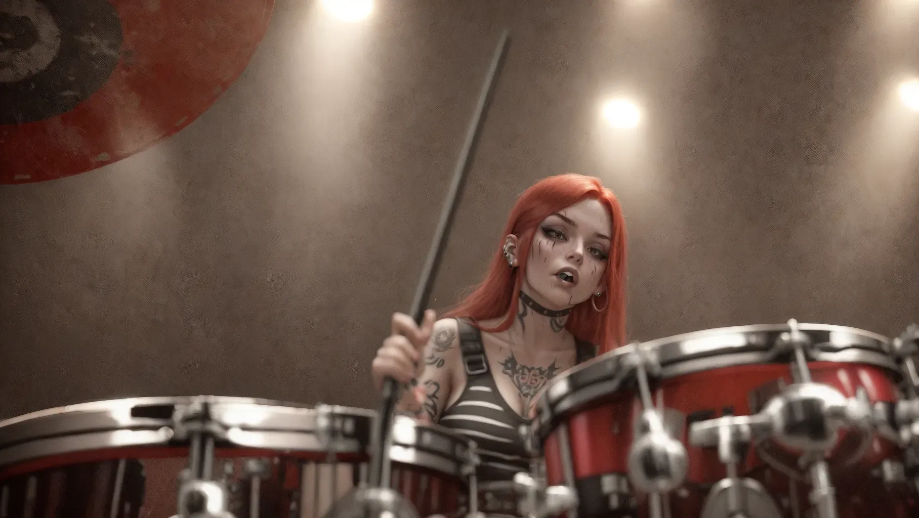 Young heavy metal woman, profile, sweaty, cute face, straight red hair, messy eyeshadow, piercings, tattoos, black band tshirt, small breasts, slim body, playing drums, headbanging, on stage, drumsticks in hands,