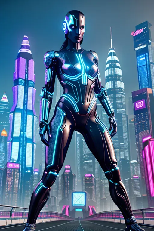 In this mesmerizing 3d digital high-definition image, an athletic woman emerges as a naked cyberpunk warrior amidst a futuristic urban backdrop. Her toned physique glistens with a sleek metallic sheen, blending seamlessly with her cybernetic enhancements. Against a neon-lit cityscape, she exudes both strength and elegance, a symbol of fierce determination and the embodiment of a cybernetic future.