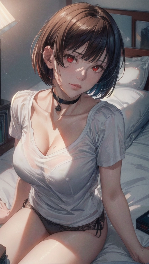 (Best quality, high quality cinematic film wallpaper, high res, 4k, HDR, UHD), 1 adult woman, (a breathtaking masterpiece of extreme close up portrait of an adult woman waking up in a modern cluttered bedroom), (short (messy brown hair) with bob cut, (oversized tshirt) and panties, black choker:1.2),
(correct slender human anatomy), (extremely detailed half closed red eyes looking at viewer with (sleepy expression):1.27), (extremely detailed view of realistic face with (sleepy expression):1.32), (beautiful detailed full lips frowning:1.27), zoomed in detailed view of realistic face and boobs,
(dim room early in the morning with soft sun rays), ethereal, pushing up on bed, hyperrealistic skin with pores and blemishes, five slender high quality fingers, (pov from high above looking down at her), niijima makoto from persona 5,
close up cinematic composition portrait of a sleepy woman lying in bed of in a cluttered modern highrise apartment bedroom, soft focus, sharp and clear image, (candid:1.1), (flat shading stylised art:1.07), <lora:dpmg_add_detail:0.72>, (physically-based ray tracing, photon mapping, photorealistic:1.45), ((high resolution masterpiece, 4K, HDR, UHD:1.45)),