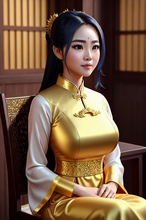 a oil painting of,a philippine girl,wearing ao dai,sitting in a chair,in a temple,big breasts,five slender fingers,fishtail hair,charming face,beautiful lips,blue eyes,curved eyebrows,curved eyelid,joyful,wearing golden ring,8k,highly detailed,artstation,professional,unreal engine