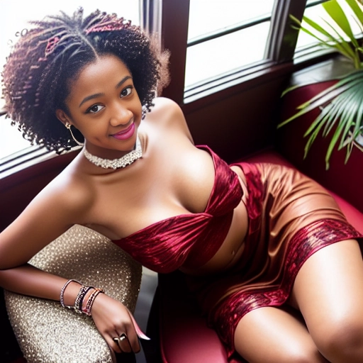 Professional photo of a gorgeous slender Ghanaian skinny woman sexually aroused, view from above, sexually excited, sexually attracted to me,short curly hair, ((short curly hair)), ((broad mouth)), broad chin, smiling, bright smile, ((sparkle in her eyes)), ((sparkle eyes)), white perfect teeth, ((looking directly into the camera)), , ((sexy dark red young adult dress)), ((strapless dress)), ((looking into my eyes)), (flirting), ((young breasts)), ((young face)), white of her eye, overt sexually suggestive pose, medium natural breasts, expression of intense sexual attraction, (legs spread), ((knees apart)), (((secretly showing pussy))),(no panties), ((realistic trimmed pubic hair)), ((young curves)), five slender fingers, updo, beautiful face,beautiful lips,curved eyebrows, professional photography , (((shiny skin))), natural lips, ((dark red sexy summer dress)), sunny and tropical, outside ,greenhouse, conservatory, lying on a chair, sexy, ((her skin shines)), (((bracelets))), ((bright sunlight falls on her face and body)), ((bright sunlight)), perfect skin, beautiful young curves, quite big young breasts, five slender fingers