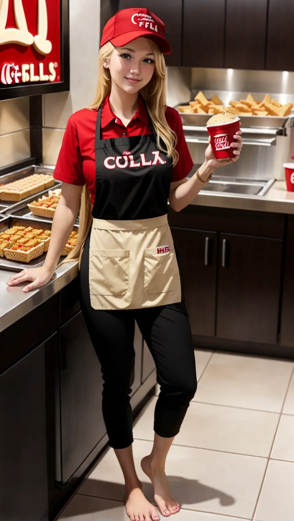 Dopamine Girl - full-body image, ultrarealistic image, hot young short  slender barefoot female Chick-fil-a employee with long blond hair wearing a  Chick-fil-a employee uniform with a red shirt and long black pants