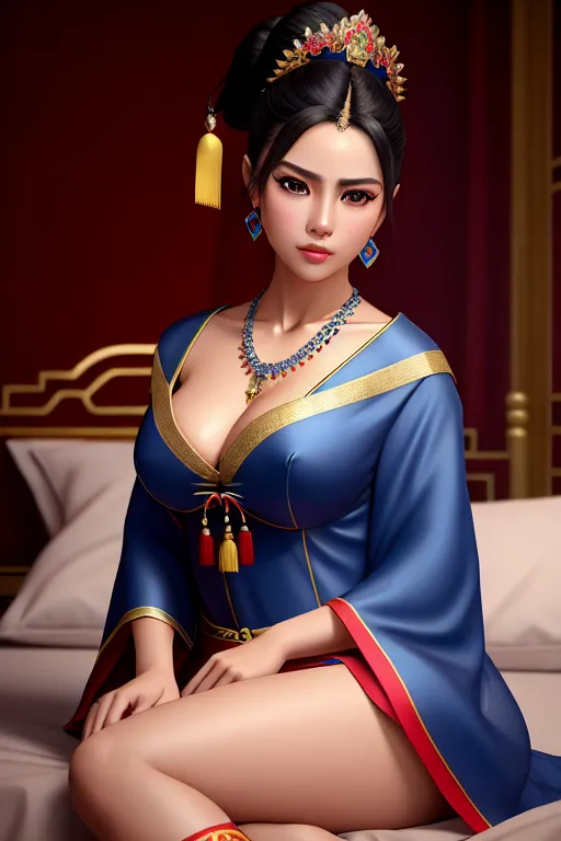 a oil painting of,a venezuela girl,wearing chinese costume,sitting,on the bed,big breasts,five slender fingers,ponytail,charming face,beautiful lips,blue eyes,curved eyebrows,textured skin,erotic,wearing necklace,ultra realistic,highly detailed,bokeh,unreal engine,studio lighting