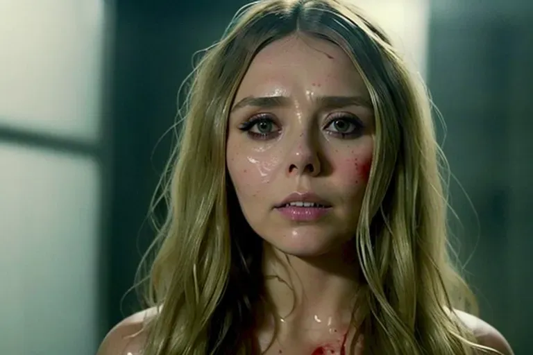 a photo of beautiful elizabeth olsen naked (accurate face), covered in blood, cum dripped on body, sad, scared, ashamed, body bruised, while being violently raped, in a dirty jail, dpmg_face_cum_v1, very detailed, having sex with prison guard(1 male)(1 elizabeth olsen), very realistic, perfect lighting, in focus, taken in the middle of intercourse