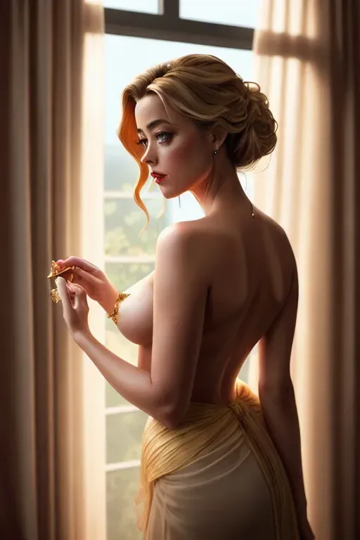 a illustration of,amber heard,naked,walking,in a tea party,small breasts,five slender fingers,wavy curtain bang,gorgeous face,beautiful lips,curved eyebrows,smooth skin,romantic,wearing golden ring,unreal engine,editorial,cinematic lighting,bokeh,8k