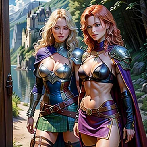 highly realistic photo, two women, Olivia Wilde with wild blonde hair and Dina Meyer with short red hair, wearing leather and metal armour, blue and purple clothes, long cape, skirt reaching knees, high leather boots, medium breasts, cleavage, midrif, toned and slim body, abs, slender arms and legs, small ass, narrow waist, ultra detailed beautiful face, erotic smile,
High fantasy setting (Dungeons and Dragons), castle on a cliff in a forest by a lake,
<lora:dpmg_add_detail:0.4>, vivid colors, cinematic composition, artificial light, UHD, HDR, highest quality, highest resolution, (photorealist), (photorealism), (masterpiece:1.4)