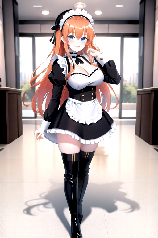 8k quality, blue eyes, pale white skin, orange hair, giant breasts, cleavage, looking at viewer, pov, long hair, wavy hair, full body photo, standing in room, smiling, black maid uniform, miniskirt, high heels, black knee high boots, black choker