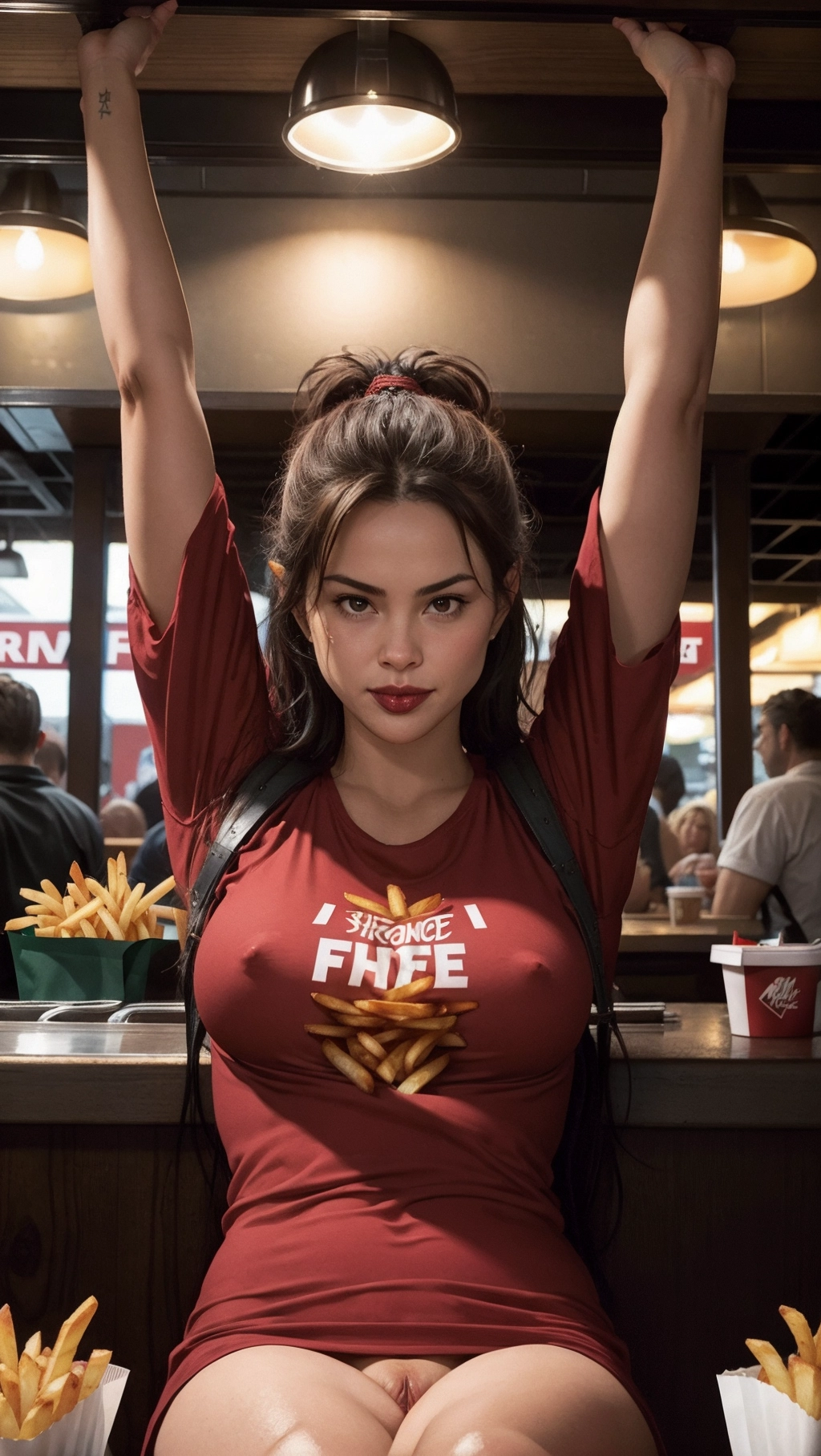 A professional photograph, pov, couple sex, (1man), 1 hot ((Californian)) woman is ((enjoying sex and fries)) in a fast food, (((dpmg_pov_missionary_v1:1.2))), she is wearing a (sexy burgundy shirt tied under her breasts), she is still eating french fries, french fries in her mouth, (((beautitful eyes))), beautiful lips, perfect face, ((french fries over her body:1.3)), nipples exposed, highly detailed, ((perfect hands)), (five fingers per hand), perfect breast, ((crowded restaurant)), ((cinematic lighting)), ((cinematic composition:1.2)), 32k, HDR, highest quality, highest resolution, (photorealist:1.72), (photorealism:1.72), (masterpiece:1.18), --s 750