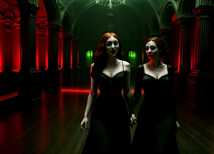 two ladies in a dark atmospheric modern goth nightclub, Dakota Fanning as Mavis Dracula of Hotel Transylvania in tight black revealing attire and hypnotic red glowing eyes, dancing the night away with beautiful good auburn haired Elizabeth Lail as Anna of Arendelle in a modest light green royal gown. Photorealistic, b-horror film screencap,