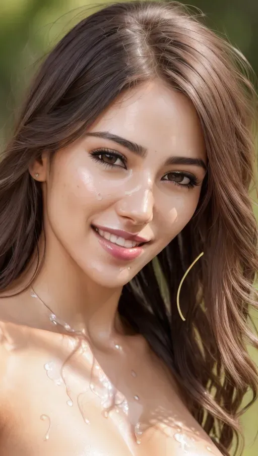 A 8k resolution photo shot of a beautiful woman, very compassionate and friendly, (pretty teeth), ((detailed hair features)),(((detailed facial features))),((detailed body features)),(detailed arms features),(extremely textured skin),((beautiful lips)),((highly detailed)), sunny day, (semen dripping from her mouth), frizzy hair