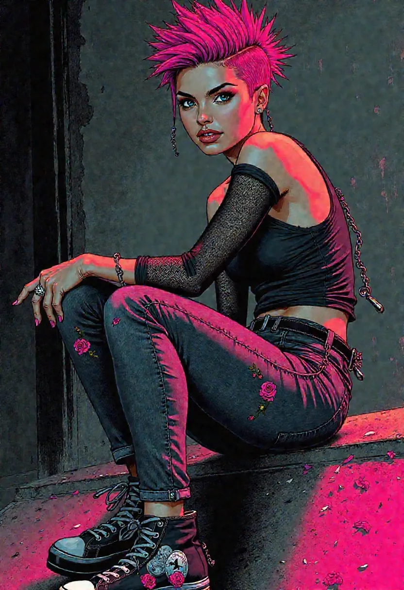 Abbi Rose, punkrock girli with itty bitty chaos and grown-ass posture, rendered in hand-drawn realism with graphic linework and layered surface grit
wiry frame, crazed fauxhawk in faded magenta, razored sides with jagged pixie-tuft crown like static frozen mid-charge, face angular and intense, wide eyes lined in smudged black, lips parted in a feral gloss-smudged grin, neon pink painted over trouble
gray fitted tanktop beneath a fine black mesh long-sleeved top, both layered snug over her frame like street armor
acid-washed jeans fitted and rugged, no rips, stitched with jagged hand-sewn pink roses across the thighs and hip seams, a small silver waist chain draped low on one side like a whispered threat
feet in tall platform-soled Converse All Stars, beat-up and marker-tagged, laces mismatched and sharpied with anti-authority flair
accessorized in punk clutter—chain loops, safety pins, chipped black nails, one spiked bracelet—each detail inked with controlled imperfection, body angled off-center in mid-frame, hip cocked, eyes locked, a girli lit by tension and rendered in bold strokes and deliberate contrast