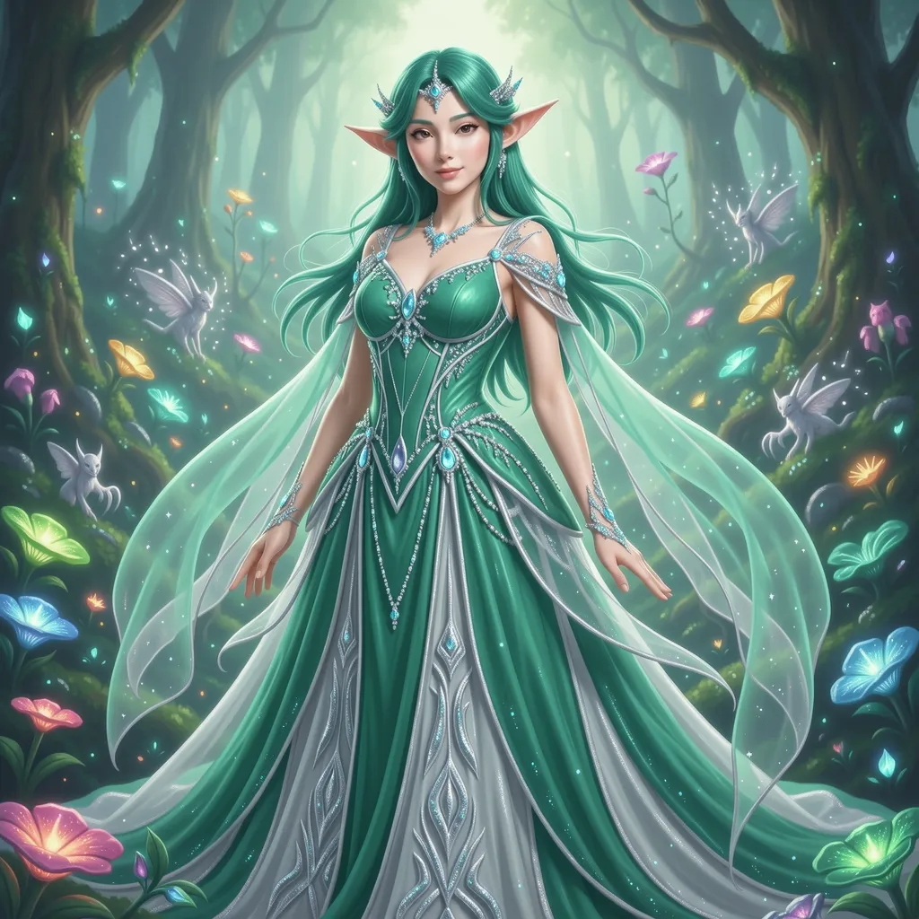 A female cosplayer portraying an
ethereal fairy or elf, wearing a
flowing dress made of delicate
fabrics in soft, mystical colors like
emerald green and silver. She has
pointed ears, a gentle, enchanting
expression, and her outfit is
adorned with sparkling jewels and
intricate patterns. The background
is a magical forest with glowing
plants, mystical creatures, and a
serene atmosphere.