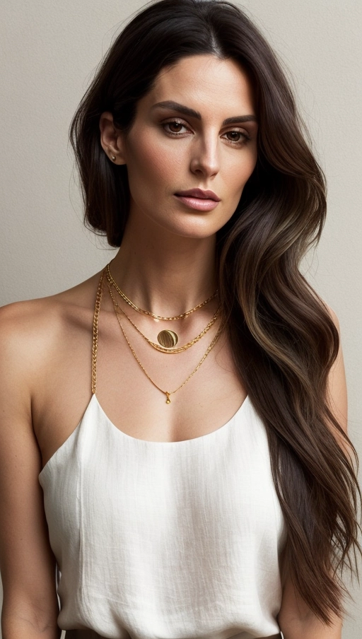 Create a portrait of a 28-year-old model from Greece with an athletic body shape, standing in a thoughtful pose with one hand touching the chin. The model has an oval face with high cheekbones, deep green eyes that gaze directly into the camera with a soft smile, a straight nose, and a slightly parted mouth. Their dark brown hair is styled in loose waves, flowing over the shoulders. They are dressed in a minimalist fashion with a fitted, sleeveless white linen tunic and tailored black trousers, accented with a thin gold chain necklace. The portrait should capture the models elegance and thoughtfulness, embodying a blend of timeless beauty and minimalist fashion.