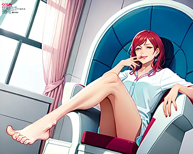 a woman licking the finger tip of her index finger just before turning the page of a magazine, sitting with her legs crossed and dangling a wedge off her toe, the arch of her foot is accentuated by the manner in which her legs are crossed
