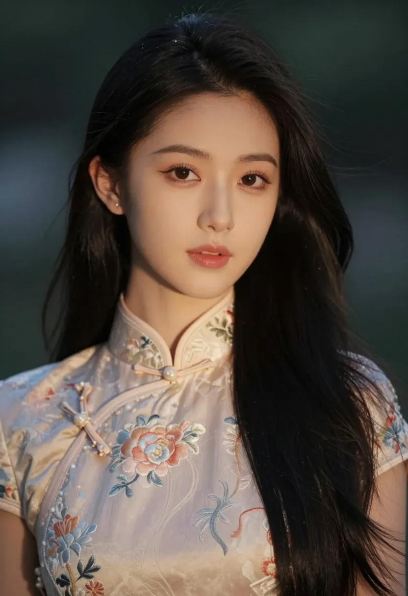 A beautiful Chinese woman with graceful features, close-up portrait, long flowing black hair, wearing a traditional silk cheongsam delicately embroidered with floral patterns, face softly illuminated by ambient light, serene expression