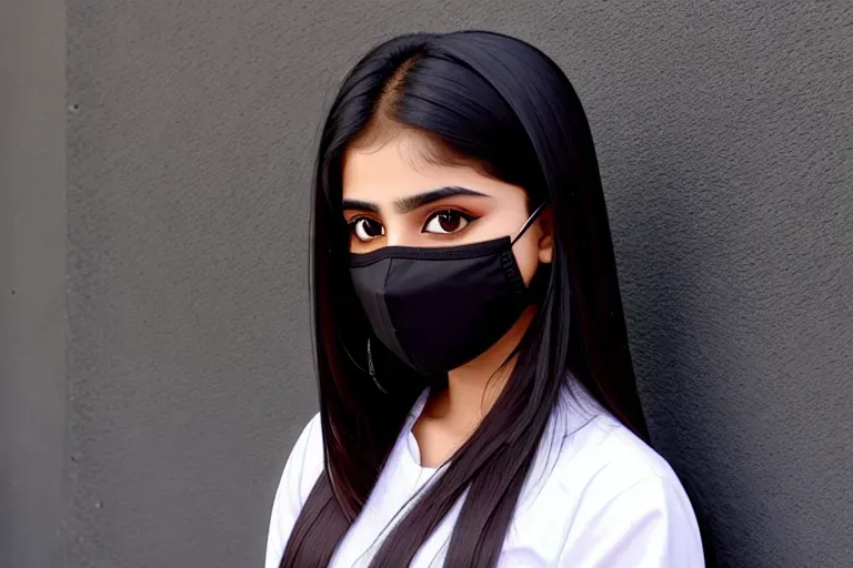 18 year pakistani girl, wearing black mask, nice background, nice combed hair