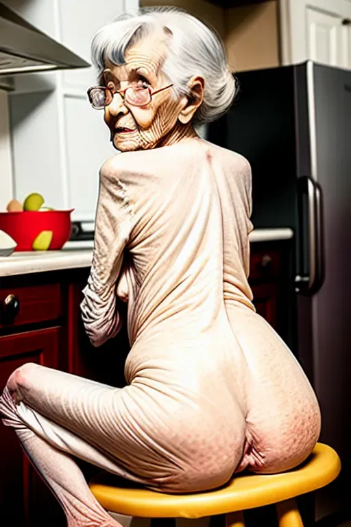 (great grandma), (old women), nude, (90 years old), skinny, in kitchen, naked, sitting on stool, showing ass from rear, pissing, wearing rubber gloves, looks surprised