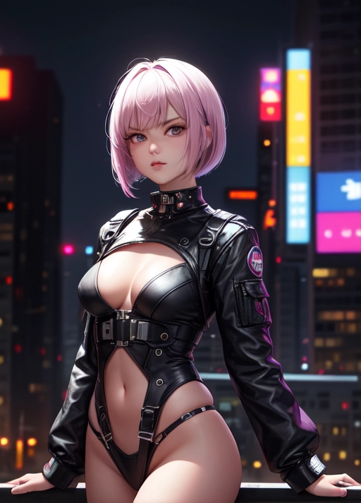 A professional photo of Lucy from cyberpunk edgderunners 25 years old, European and Japanese descent, cute but angry and pouting expression, in a hotel roomwith giant windows outside is a futuristic cyberpunk city, night time, astonishing woman, short pure white hair with one pink strand, bob haircut, wearing a full cyberpunk outfit made only from cotton fabric, fully clothed,warm cinematic lighting, neon lights, neon glow, purple lights, masterwork, best quality, volumetric lighting, depth of field Imperfect skin, Feminine, Real looking face, highly detailed face,photorealistic, hyperrealistic, low light,covered breasts, (best quality),(Small breasts), <lora:dpmg_add_detail:0.5>, beautiful,(high resolution), (((masterpiece))), (uhd), (8k)
