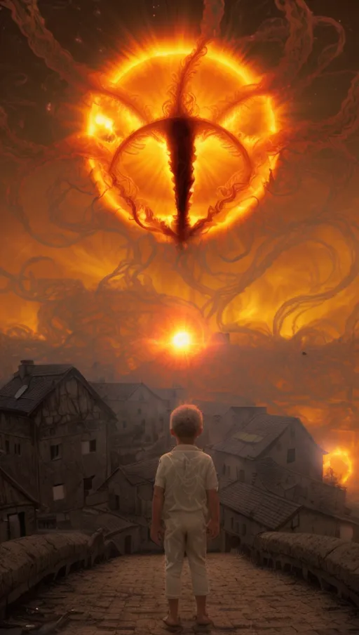 (the sun erupts with solar flares shaped like tendrils),
(The village beneath is on fire),
(A boy wearing white stares up at the eye in the sky),