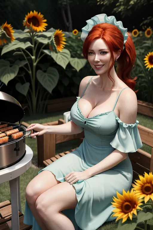 a Soft Lens, Photorealistic photo of a 24 year old woman with pale skin, very red hair, Wearing a G cup, low-cut dress at a charcoal barbecue in a backyard with grass and a pool. There are NO sunflowers in the backyard. The woman holds a spatula. Her hair is in a loose ponytail. Her dress has a sunflower print on the fabric, only on the dress. Her sundress has ruffled cap sleeves which cover her shoulders. The backyard is a bright green lawn with a swimming pool. Her sundress is so low cut, it shows a lot of cleavage. One of her sleeves has slipped off her shoulder, and one of her breasts is exposed. The woman smiles with a mean smile.