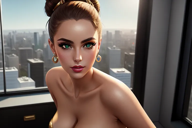 a digital painting of,an e-girl,naked,shooting from a high point,at the office,five slender fingers,updo hair,charming face,beautiful lips,green eyes,curved eyebrows,curved eyelid,wearing golden ring,cgsociety,studio lighting,pixiv,bokeh,editorial