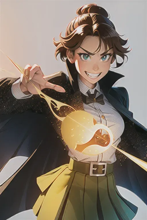 sam yang, best quality, masterpiece, 1girl, detective female guardian of the earth, Sergeant rank , green checkered inverness cape , detective clothing female sherlock holmes , detective equipment on, disney princess messy short brown hair, green bright eyes , athletic build strong and fit bodytype in prime , leader of the team headstrong looking , wearing skirt with white accent, lava rock bending , lava powers , grinning golden smile, single golden fang, anime digital art ((masterpiece)) <lora:dpmg_sam_yang:1>