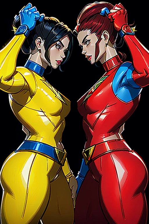 Two people, a couple, Mighty Morphin Power Rangers, yellow power ranger, Trini Kwan, beautiful, thicc, curvy figure, small breasts, thin waist, full curvy ass, full thighs, yellow power ranger uniform, undressing out of her uniform, fixing to have sex with the red power ranger, Jason Lee Scott, handsome, red hair, fit, strong, strong chin, beard, red power ranger uniform, undressing out of his uniform, fixing to have sex with the yellow power ranger, ((high definition)), ((4k quality)), ((excellent lighting)), ((great shading)), ((pristine detail)), ((really clear picture)), ((beautiful vibrant colors)), ((accurate at lower prompt guidence)), ((ultra realistic)), (((five fingers per hand))), (((two arms per person))), (((two legs per person))), ((((100 percent according to prompt)))), (((Original TV show The Mighty Morphin Power Rangers))), (male and female couple)