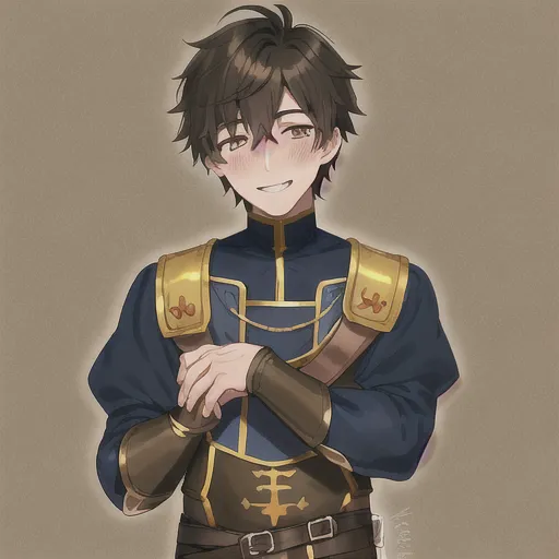 cute_guy, shy_man, blush_man, blush, anime_style, (smile), ((young_man)), (darkbrown_hair), short_hair, male, pretty_hands, detailed_hands, medieval_outfit, yellow_brown_eyes, blue_outfit, adventurer_outfit