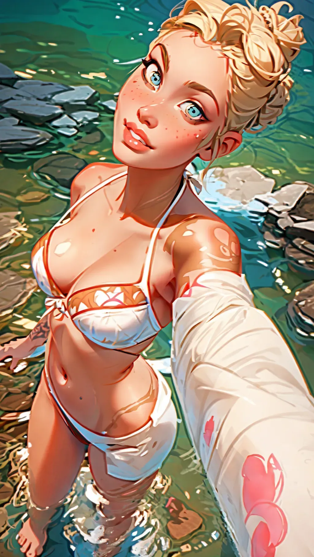 Girl with blonde hair in a bun wearing a tie-bottom bikini standing in a river, taking a selfie, fit, smooth skin, detailed face, detailed lips, tattooed arm, barefoot, small breast,