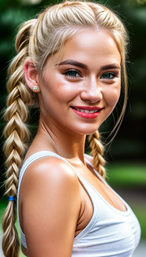 A high resolution photography of a bratty white girl, big round green eyes, (smiling), ((dimples)) , button nose, pouty red lips, (pimples), blonde pigtails,
wearing a white pokemon shirt, wearing red short jeans, beautiful breasts, wearing no bra,
ultra realistic detailed skin, realistic detailed hair, detailed glossy eyes, beautiful lips, detailed face, detailed textured skin, photorealistic, realistic detailed hair, pretty teeth, textured imperfect skin, realistic pretty feet, (accurate realistic eyes), realistic teeth, realistic mouth, pubic hair, realistic skin color, realistic skin tone,realistic hair color, realistic hair tone,<lora:dpmg_add_detail:1>,
(8k RAW photo), (best quality), (masterpiece:1.3), (photo-realistic), hair highlighted, UHD, Nikon Z5, (50mm lens), f2.8, sharp focus, tack sharp, dof, film grain, Fujifilm XT3, (bokeh), subsurface scattering, volumetric lighting, focused, dynamic pose, dramatic angle, dramatic lighting, cinematic composition, HDR, (highest quality:1.8), highest resolution, (photo-realistic:1.72)
--s 200 --v 5.2