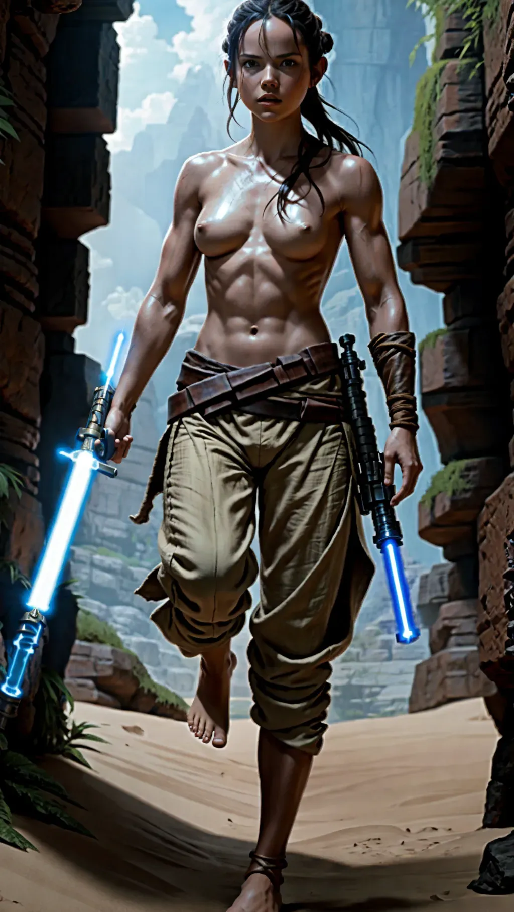 topless barefoot Rey Skywalker wearing her normal warrior pants with toned muscles while holding her lightsaber and fighting inside the Rancor pit with a Rancor attacking her, barefoot, barefoot, barefoot, topless, topless, topless, topless,