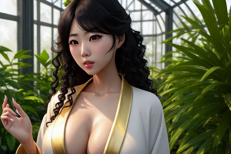 a digital art of,ai uehara,wearing bathrobe,standing,in a lush greenhouse,big breasts,five slender fingers,curly hair,charming face,beautiful lips,black eyes,curved eyebrows,curved eyelid,textured skin,wearing golden ring,unreal engine,cgsociety,cinematic lighting,8k,ultra realistic