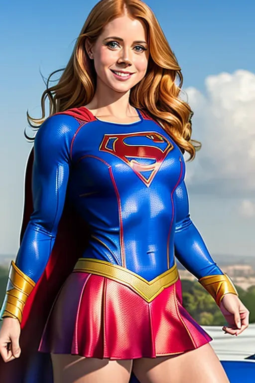 high quality artwork, Amy Adams, photo accurate face, heroic smile, in sexy supergirl costume, muscular figure, flexing muscles