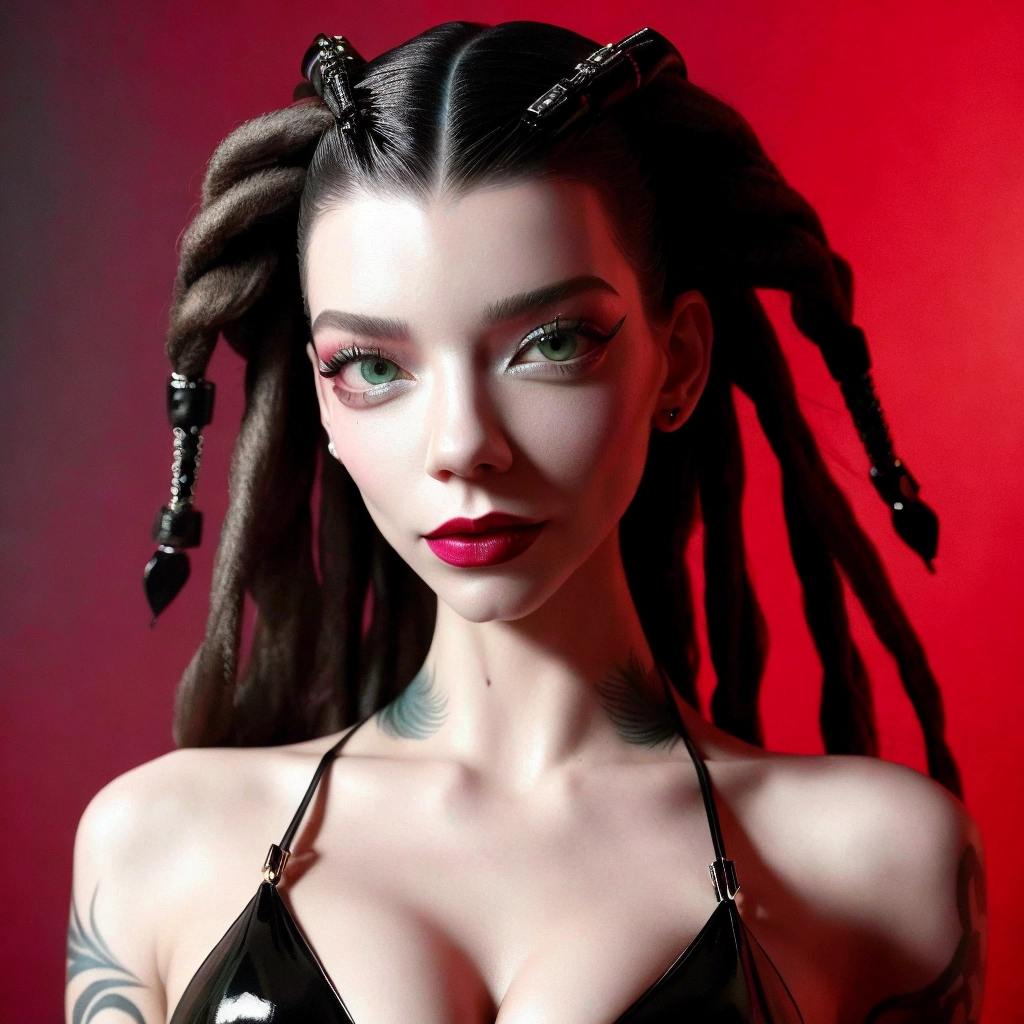 Eastern European stunningly beautiful like a model or movie star, hombre dread locks, tattoos, face makeup, body paint, smokey eyes, latex, leather, lingerie dpmg_anya_taylor_joy_v1, dpmg_barbara_palvin_v1