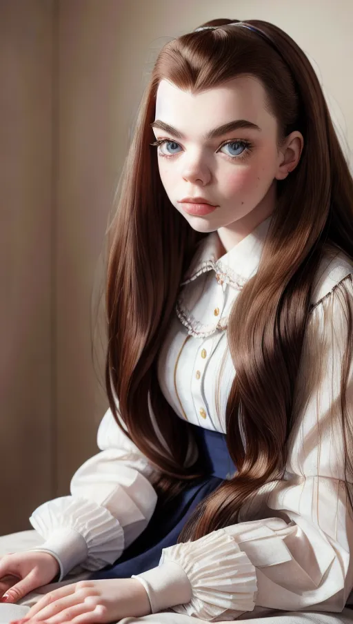Hyperrealistic potrait of Anya Taylor Joy, undressing, doll dress, long hair, bedroom background,masterpiece, accurate face,