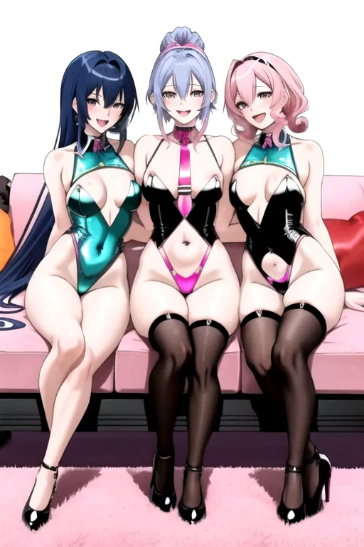3 anime girls, one with short white hair, one with long curly dark blue hair, one with straight pink hair. Femboys, Very skinny body. Skinny. expertly drawn, detailed. NSFW,
They are sitting on a couch and goofing off with each other, they are smiling and laughing, they are wearing seductive clothing.
Heavy brush strokes.