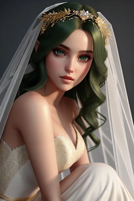 a illustration of,angelbaby,wearing wedding dress,squatting,five slender fingers,silky hair,beautiful face,beautiful lips,green eyes,curved eyebrows,textured skin,peaceful,wearing golden ring,smooth,editorial,artstation,unreal engine,studio lighting