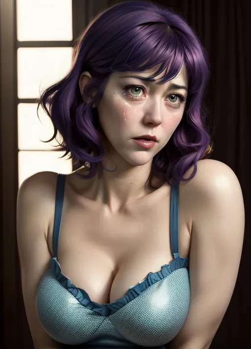photo realistic, Mary Elizabeth Winstead as Ramona Flowers, accurate face,(big wide eyes), bark eyes, antagonizing viewer, tits popping out of top, crying, sobbing, tears, uncovered shoulders
