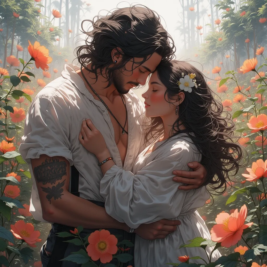 Young strong man embracing a beautiful girl with long hair in a flowering garden, fantasy, high detail, realistic photo, high detail, digital painting, cinematic, stunning, hyper-realistic, sharp focus, high resolution 8k, insanely detailed