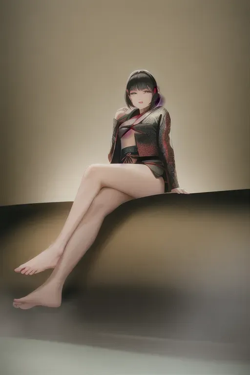 1girl , feudal japan , edo period , night , japanese , highres , short hair, dark hair, black hair, green eyes , almond shaped eyes , thin lips , parted lips, solo, ((masterpiece)),photo referenced::5, pale skin, tenchu, kunoichi, professional, ultra high res, kuugire, stealth, soft feminine facial features, button nose, 25 years old, seductive look, arrogant look, sinister look, detailed face, detailed eyes, dark kimono, feet, foot, toes, toe, underwear, panties,