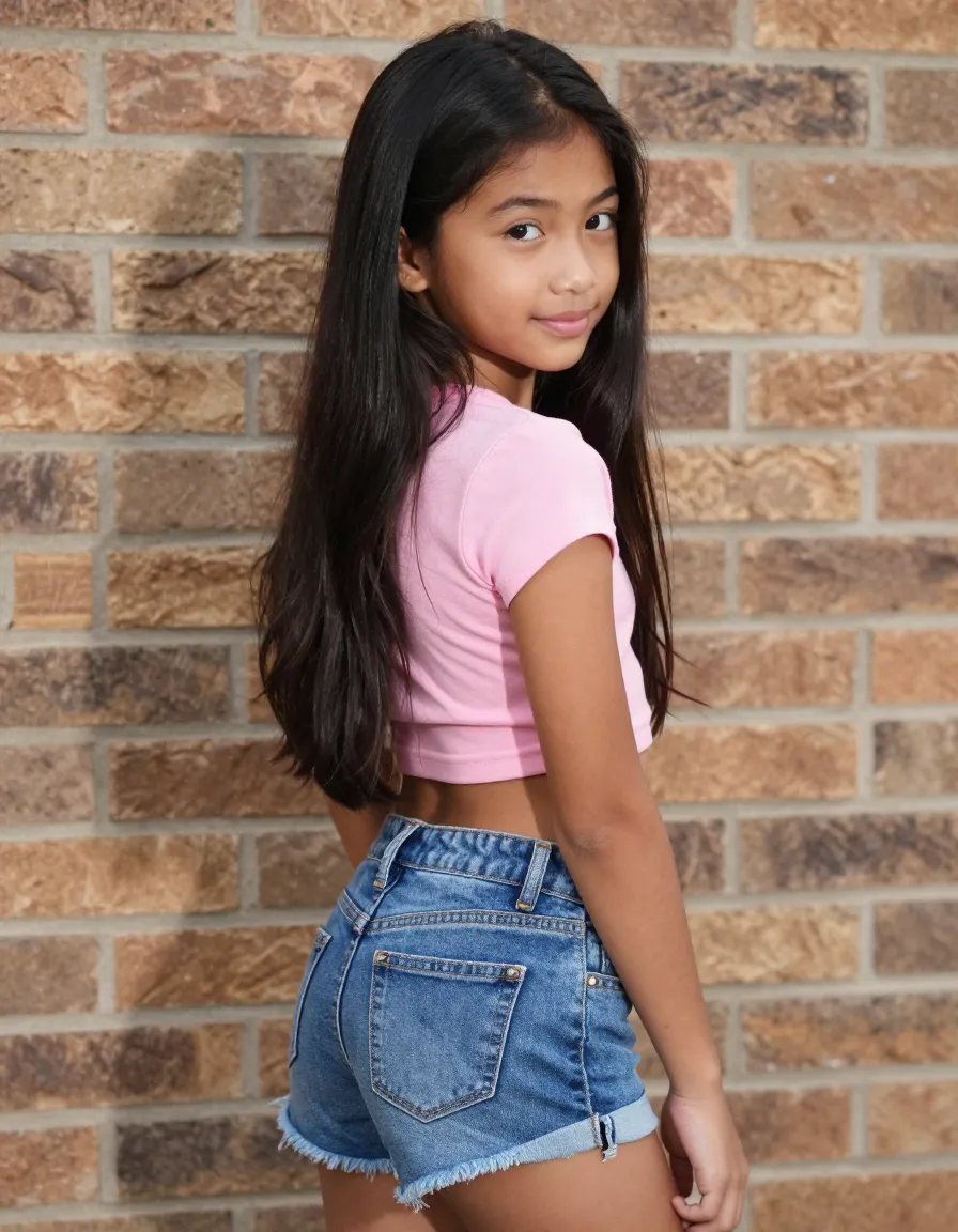 Amelia, a 11 year old Asian girl with long, silky black hair and almond-shaped eyes, poses against a textured brick wall. She is wearing a tight, pink crop top that exposes her flat tummy and a pair of high-waisted denim shorts that sit low on her hips, revealing the top of her underdeveloped buttocks. The camera angle focuses on her smooth, caramel skin and the playful smile on her face as she looks over her shoulder, her hair falling in waves down her back.