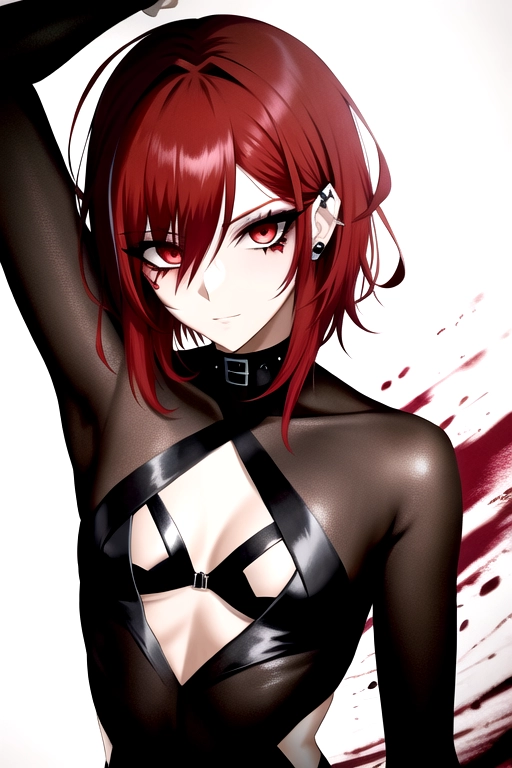 Male, sissy, fairy, face turned to the left, red hair with black highlights, messy bob, punk rock closeup
