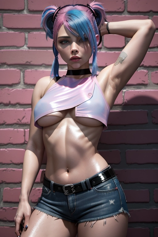 64k, 3d, photorealistic, HDR, masterpiece, Chloe Grace Moretz, wearing too tight black micro mini hot pants, (pink top:1.3), bare midriff, (underboob:1.4), (shiny blue hair:1.3), pigtails, holding a knife, (with a bad attitude:1.3), leaning against a brick wall