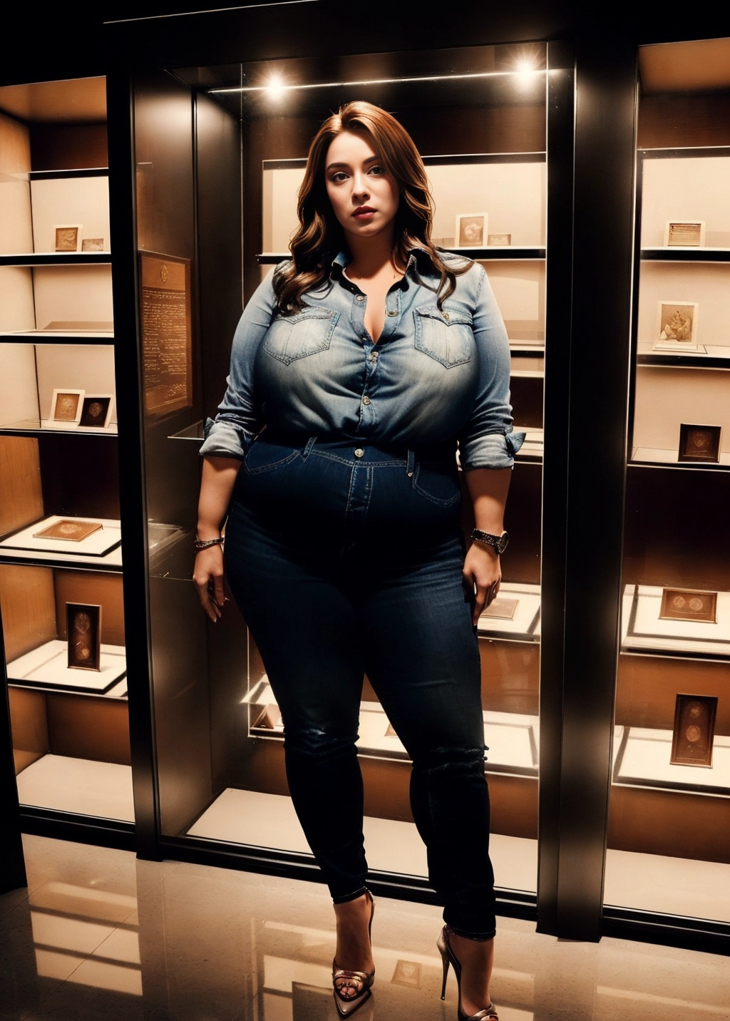 The woman was frozen in time, along with a pair of high heels, (((Dressed casually but provocative))), The woman is Latin American, She is inside a glass display case exposed for sale, The The stage is a white-walled room illuminated evenly with white lights, Despite being overweight, she still looks attractive. The image must show the large figure of the woman inside the glass display case, Your facial expression must be neutral, with your gaze fixed on the camera but without emotions, (((full body view, full body photo))) ), ((full body view)), ((natural big breasts)), (((overweight))), (((realistic))),
Masterpiece,
perfect edges,
realistic,
perfect anatomy,
realistic skin texture