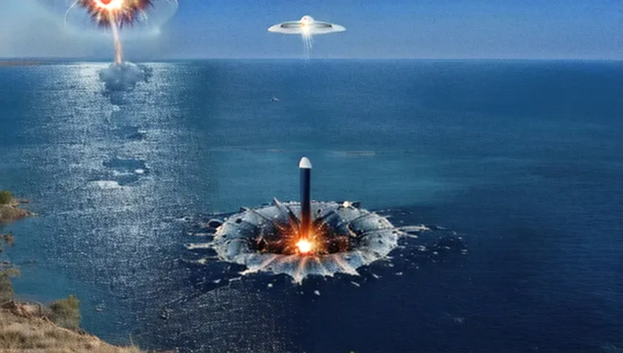 ((((Ufo exploding splashdown crash landing)))) into water ocean lake, ((water ripples)) explosion with Fire and ((Water splash)) sonic boom, under and around the uap. Viewed from top of the hill
